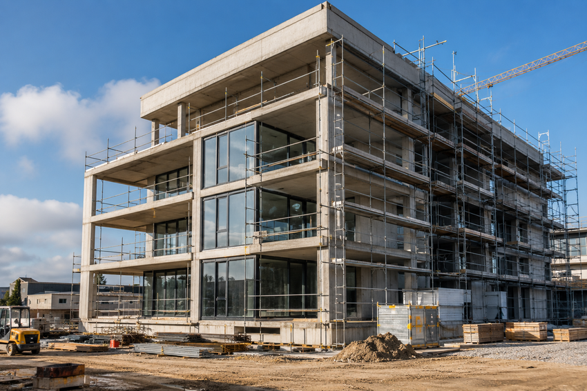 Mehrgeschossiger Neubau im Rohbau mit Gerüst